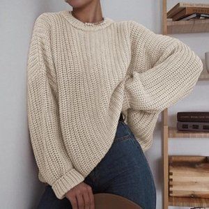 Oversized Sweater Casual Long Sleeve Crew Neck PulloverTop Ribbed Cream Medium